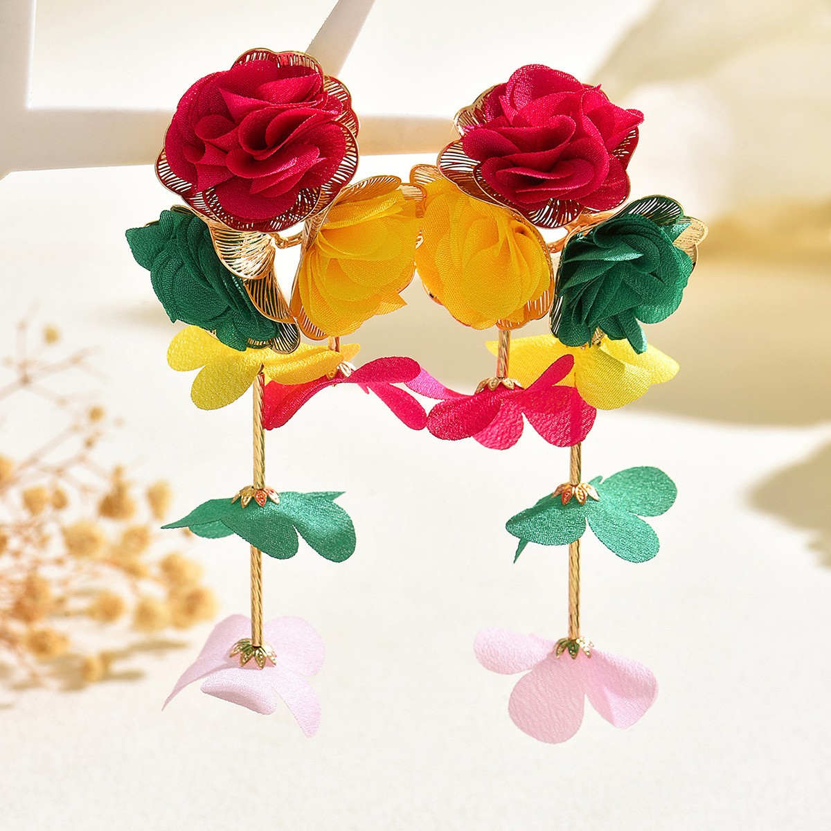 Fabric Rose Drop Earrings