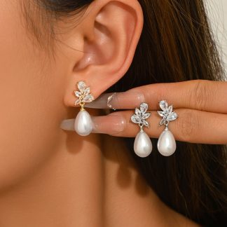 Leaf and Pearl-Effect Drop Earrings