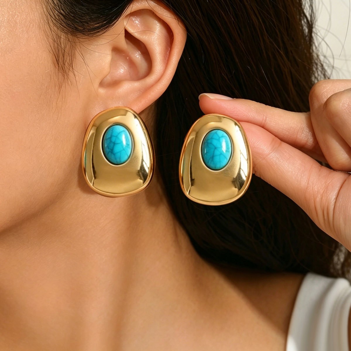 Turquoise-Color Cabochon Stud Earrings