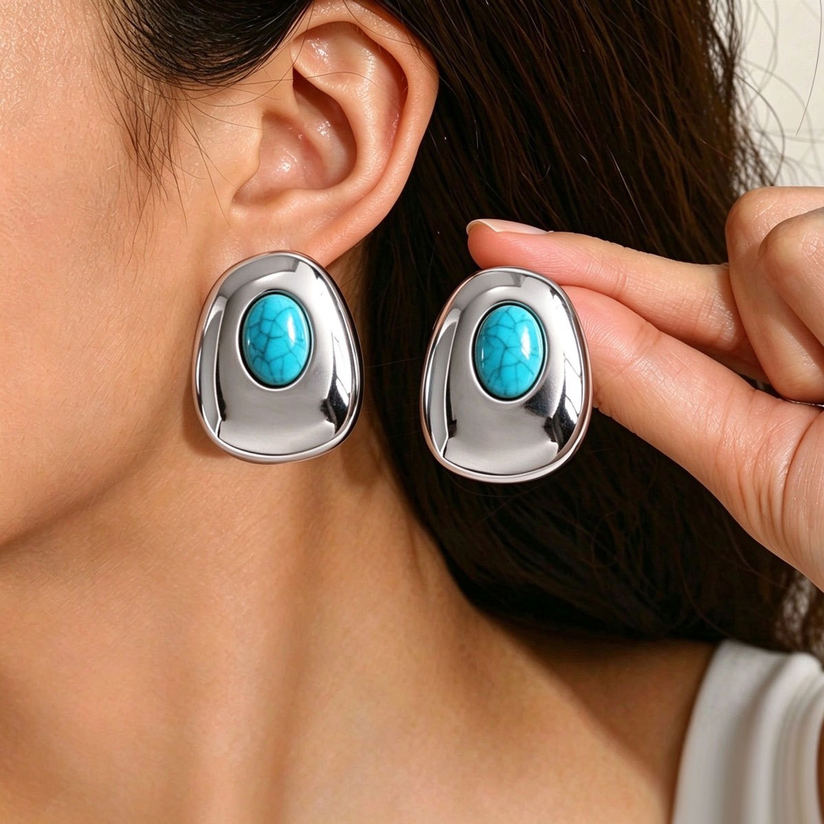Turquoise-Color Cabochon Stud Earrings