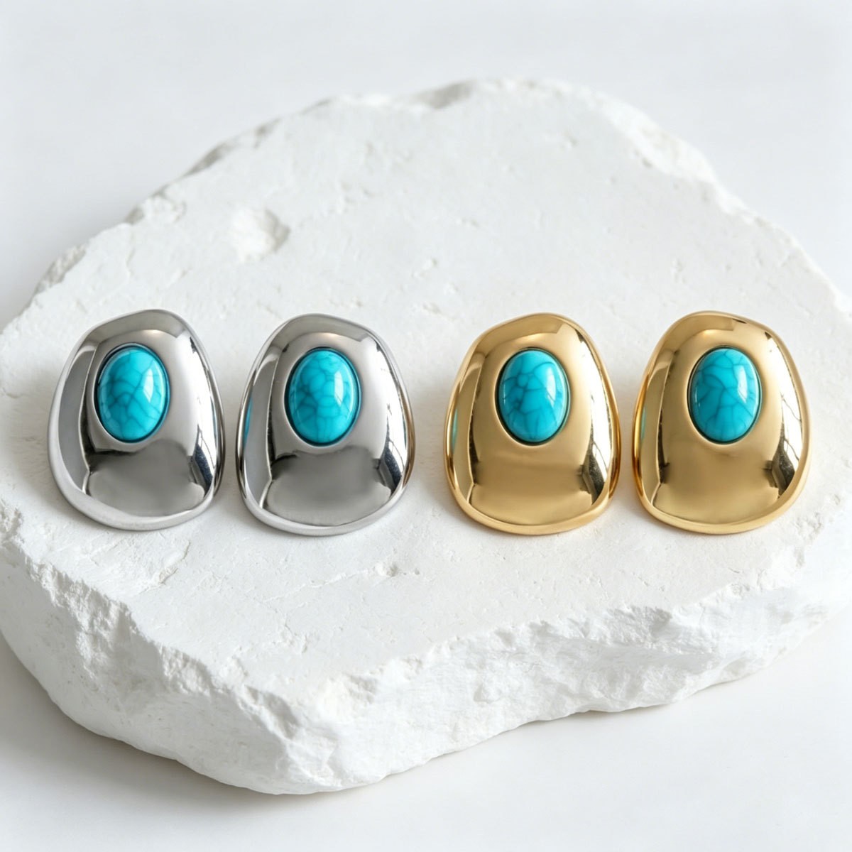 Turquoise-Color Cabochon Stud Earrings