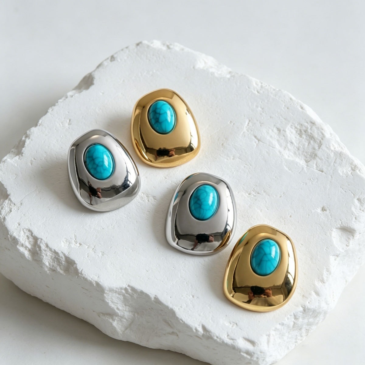 Turquoise-Color Cabochon Stud Earrings