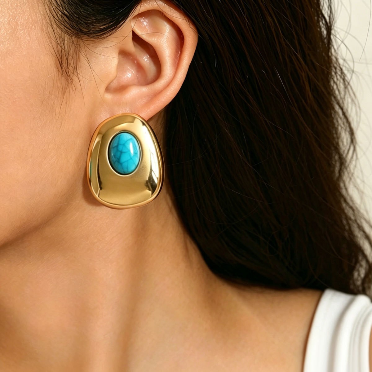 Turquoise-Color Cabochon Stud Earrings