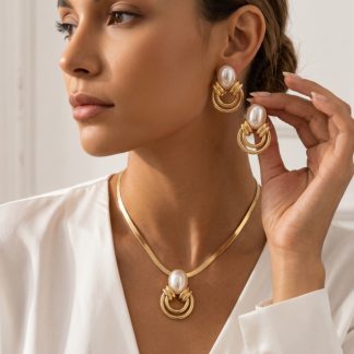 Pearl-Accent Circle Necklace and Earrings Set