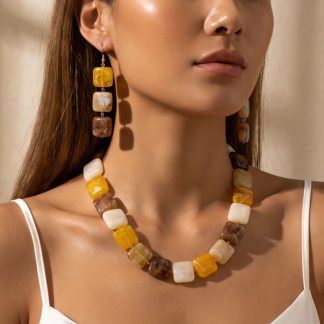 Amber-Tone Beaded Necklace and Earrings Set