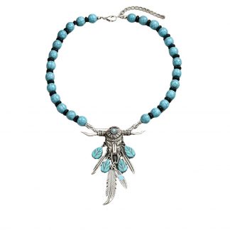 Turquoise-Color Bead and Bull Pendant Necklace - alternate view