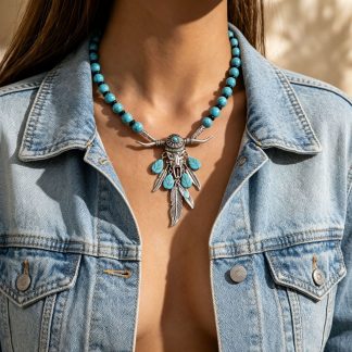 Turquoise-Color Bead and Bull Pendant Necklace