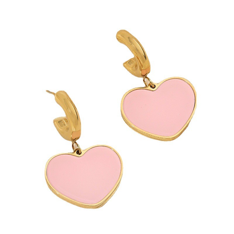 Pink Enamel Heart Drop Earrings