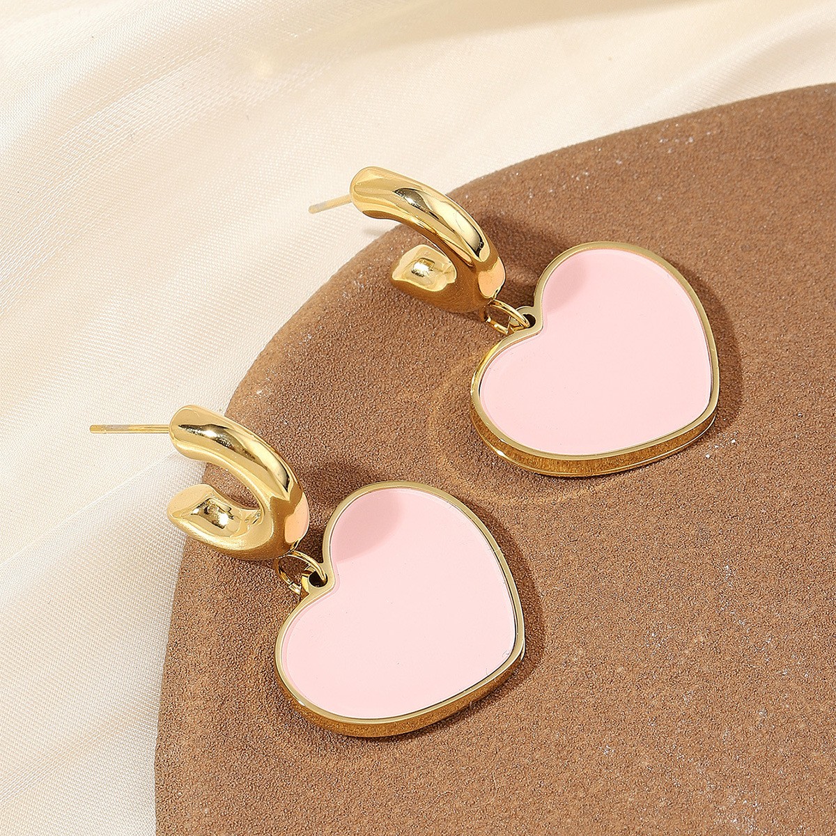 Pink Enamel Heart Drop Earrings