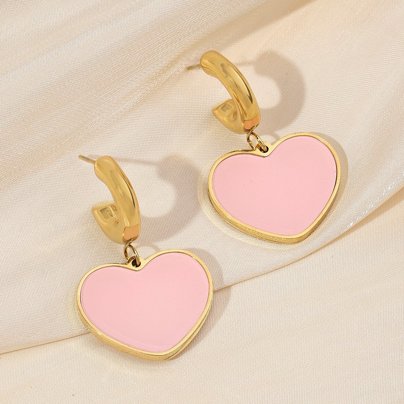 Pink Enamel Heart Drop Earrings
