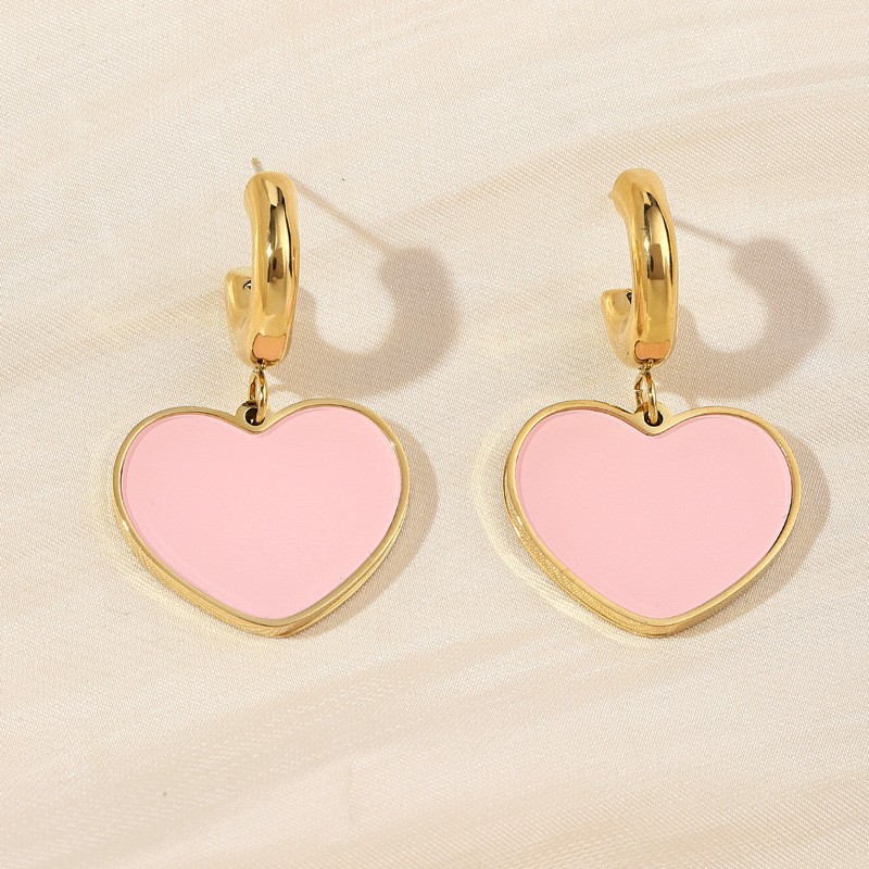 Pink Enamel Heart Drop Earrings