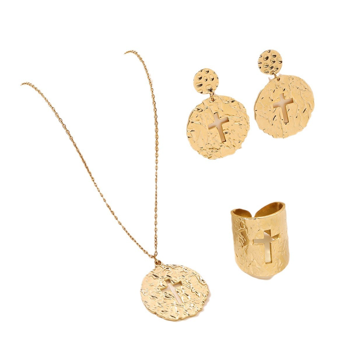 Textured Disc Necklace, Earrings and Ring Set