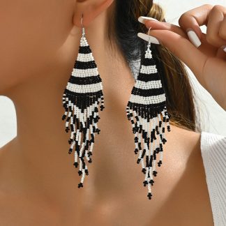 Striped Beaded Tassel Earrings