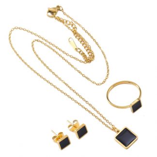 Black Inlay Necklace, Earrings and Ring Set