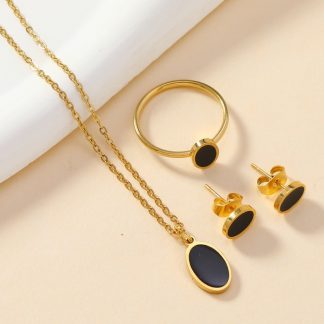Black Inlay Necklace, Earrings and Ring Set - alternate view