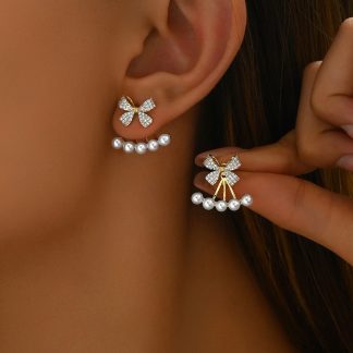 Bow and Pearl-Accent Stud Earrings