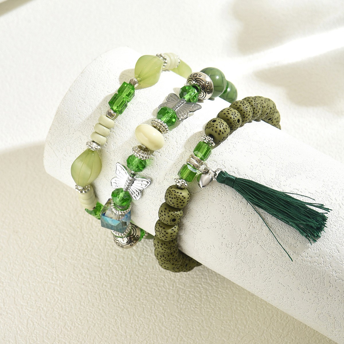 Layered Green-Tone Bead Bracelet Set