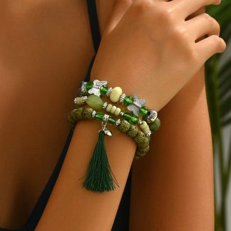 Layered Green-Tone Bead Bracelet Set