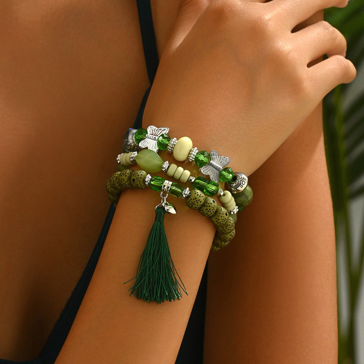 Layered Green-Tone Bead Bracelet Set