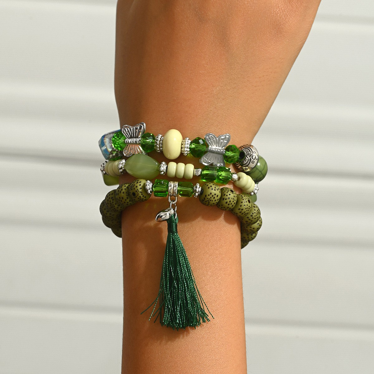 Layered Green-Tone Bead Bracelet Set