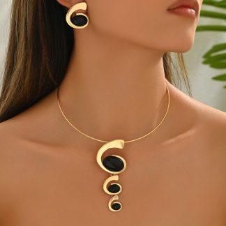 Spiral Black-Accent Necklace and Earrings Set