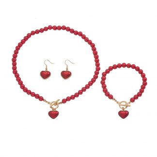 Red Heart Beaded Necklace, Bracelet and Earrings Set - alternate view