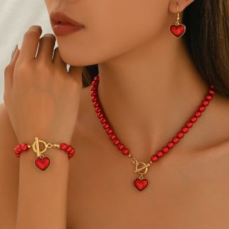 Red Heart Beaded Necklace, Bracelet and Earrings Set