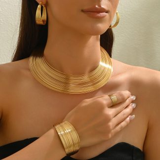 Layered Collar Necklace, Cuff, Earrings and Ring Set