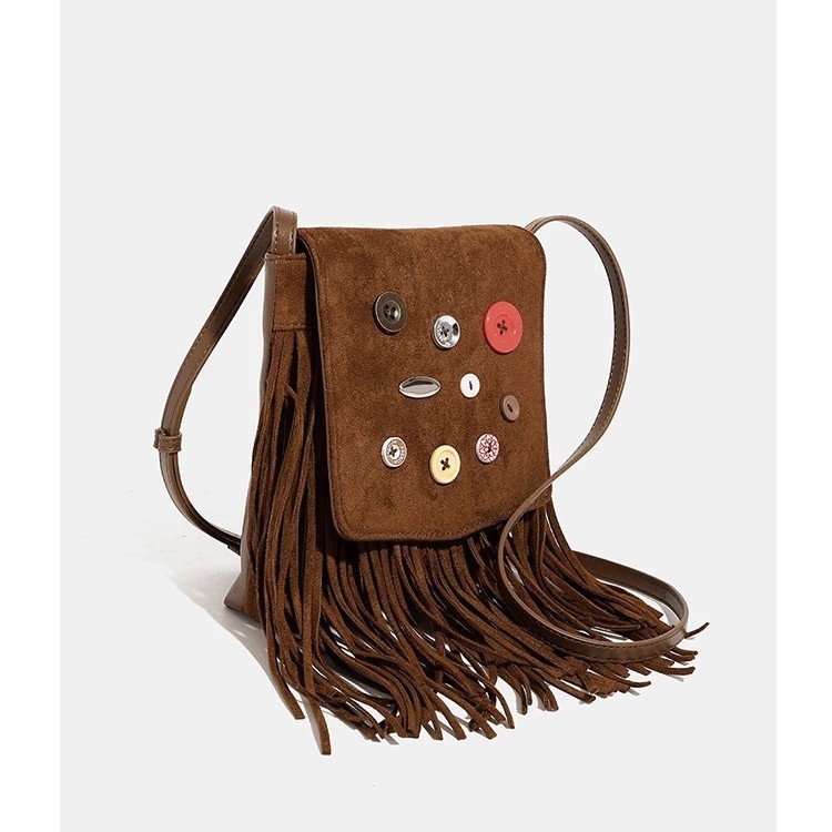 Button-Detail Fringe Crossbody Bag