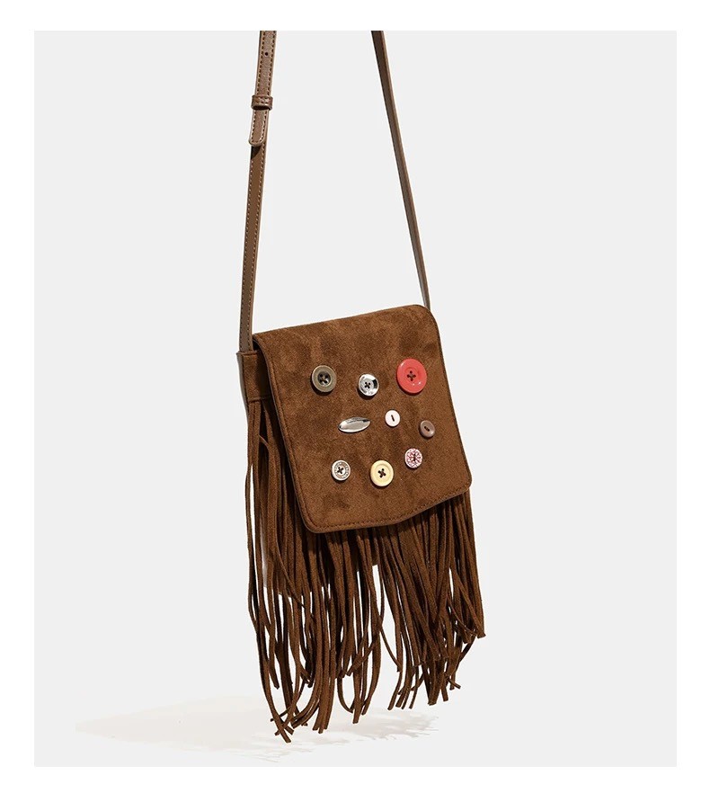 Button-Detail Fringe Crossbody Bag