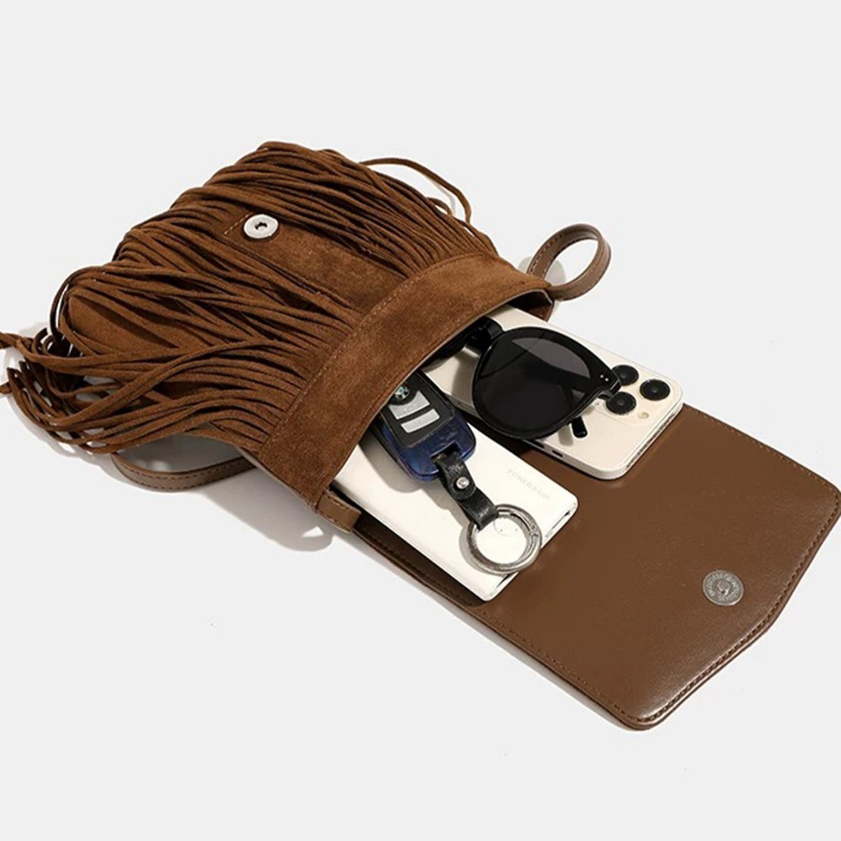 Button-Detail Fringe Crossbody Bag