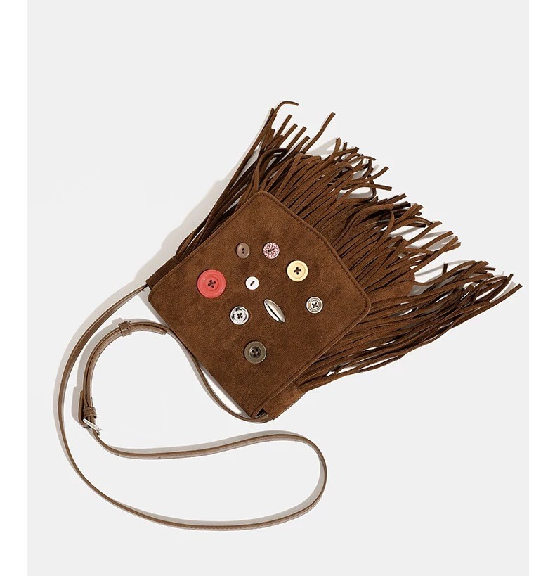Button-Detail Fringe Crossbody Bag