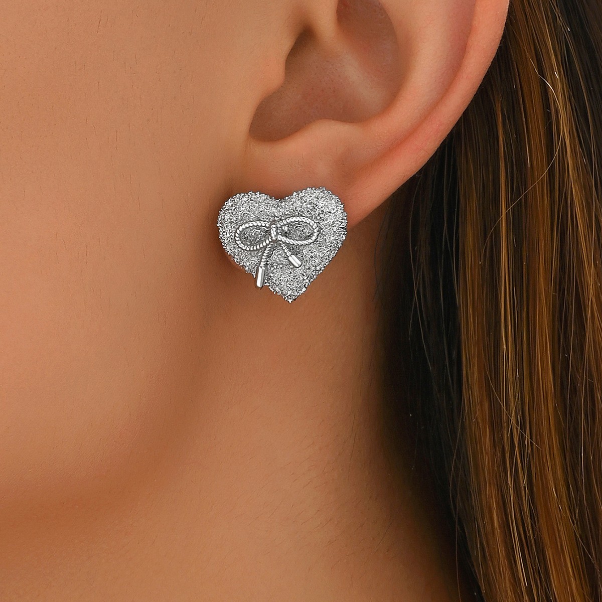 Pave Heart and Bow Stud Earrings